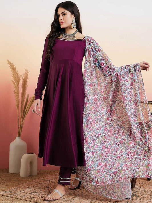 Mauve Regular Gotta Patti Kurta with Trousers & Dupatta