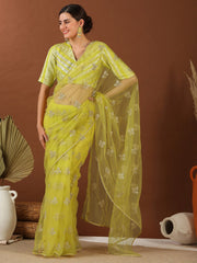Yellow Floral Embroidered Net Saree