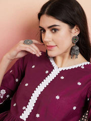 Purple & White Floral Embroidered Pleated Ethnic Co-ords
