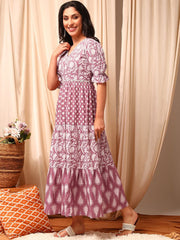 Pink and white Floral Printed Tiered Ethnic Dress