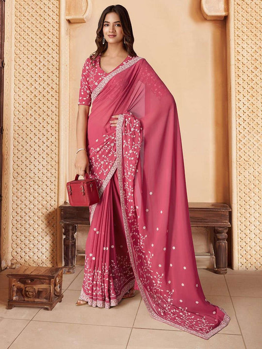 Pink Floral Thread and Sequins Embroidered Saree