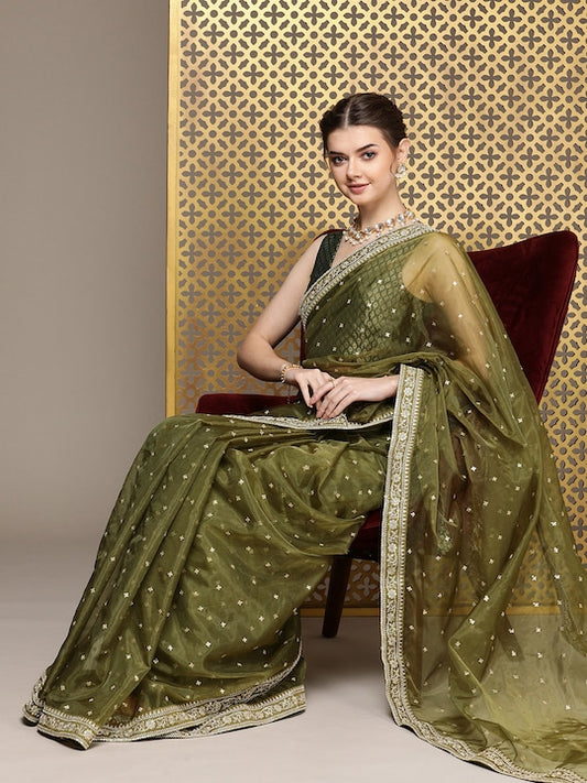 Green Embroidered Sequinned Organza Saree