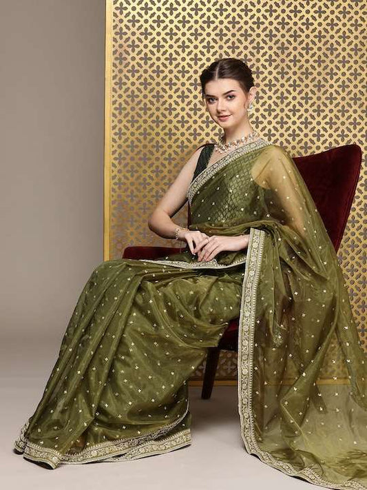 Green Embroidered Sequinned Organza Saree