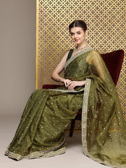Green Embroidered Sequinned Organza Saree