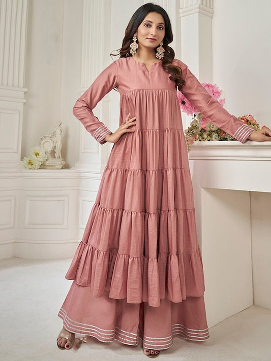 Peach Striped Round Neck Long Sleeves Gotta Patti Kurta with Sharara