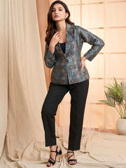 Blue Floral Printed Lapel Collar Formal Tailored Jacket