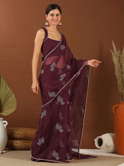 Maroon Floral Embroidered Organza Saree