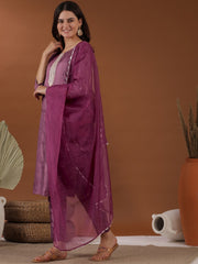 Pink Ethnic Motifs Embroidered Regular Mukaish Kurta With Trousers & Dupatta