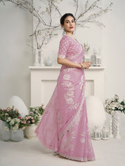 Amyra Dastur Pink Floral Embroidered Organza Saree