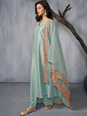 V-Neck Thread Work A-Line Pure Silk Kurta with Trousers & Dupatta