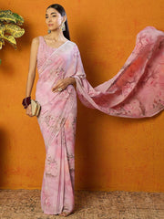 Pink Floral Beads and Stones Poly Georgette Saree