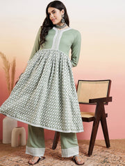 Green V-Neck Floral Embroidered Chikankari Pure Cotton Anarkali Kurta with Palazzos