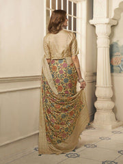 Mustard And Pink Ethnic Motifs Embroidered Pure Silk Saree