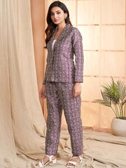Mauve Floral Printed Lapel Collar Formal Tailored Jacket