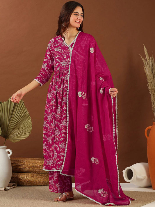 Red V Neck Gotta Patti Floral Printed Angrakha Gotta Patti Kurta with Palazzo & Dupatta