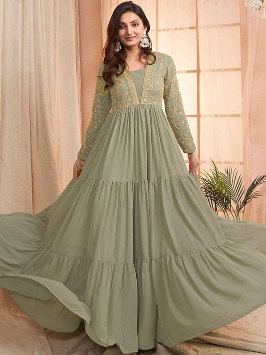 Green Sequins and Embroidered Tiered Maxi Dress