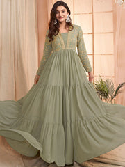 Green Sequins and Embroidered Tiered Maxi Dress