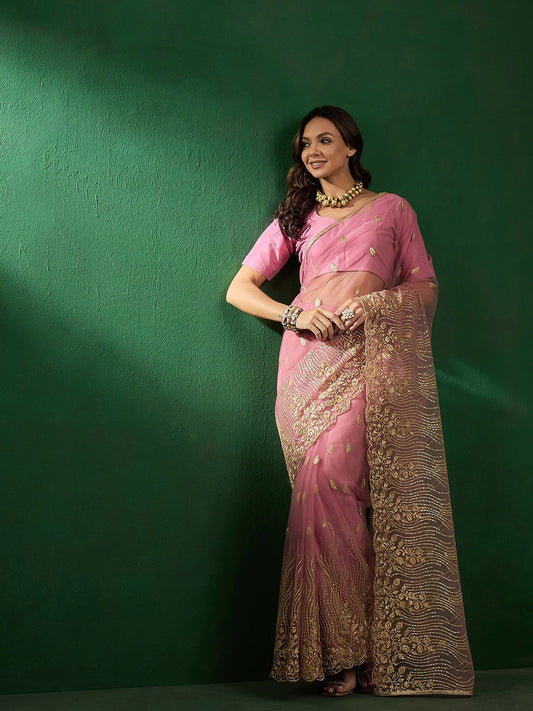 Pink Ethnic Motifs Embroidered Zari Sequined Saree