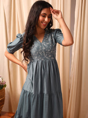 Grey Printed Flared Ethnic Maxi Gown Dresses