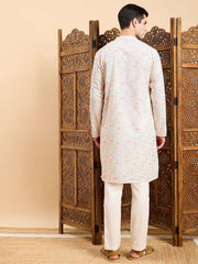 Off White Geometric Embroidered Mandarin Collar Straight Kurta