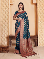 Navy Blue And Red With Gold Ethnic Motif Woven Design Saree With tassels
