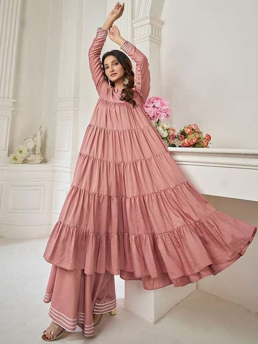 Peach Striped Round Neck Long Sleeves Gotta Patti Kurta with Sharara