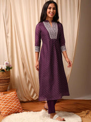 Maroon Bandhani Printed Mandarin Collar Thread Work A-Line Kurta