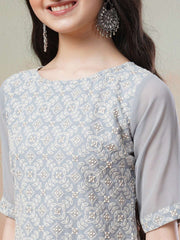 Girls Grey Floral Embroidered Round Neck Thread Work Kurta with Sharara