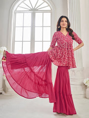 Peach Floral Embroidered Pleated Thread Work Kurta With Sharara