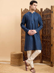 Navy Blue Striped Embroidered Mandarin Collar Straight Kurta