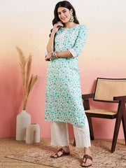 Green Round Neck Ethnic Motifs Printed Chikankari Straight Kurta with Palazzos