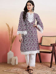 Purple Floral Printed Thread Work Straight Kurta