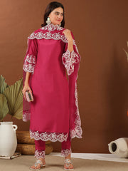 Magenta Thread Work Round Neck Straight Kurta with Trousers & With Dupatta