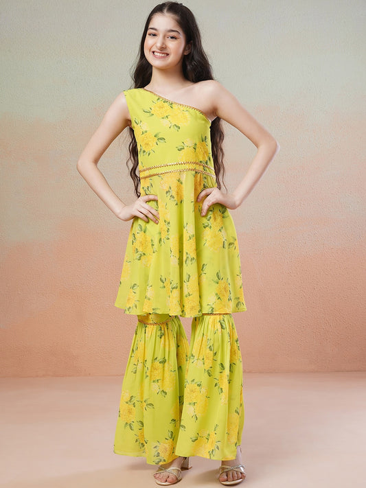 Girls yellow Floral Printed Gotta Patti Kurta with Sharara
