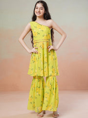 Girls yellow Floral Printed Gotta Patti Kurta with Sharara