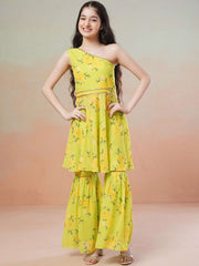 Girls yellow Floral Printed Gotta Patti Kurta with Sharara