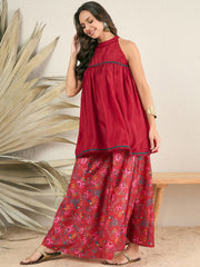 Red Pleated A-Line Kurti With Palazzos