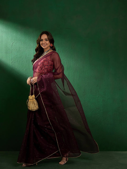 Maroon Embellished Organza Saree