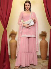 Pink Sequence Embroidered Kurta With Sharara & Dupatta