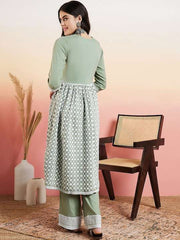 Green V-Neck Floral Embroidered Chikankari Pure Cotton Anarkali Kurta with Palazzos