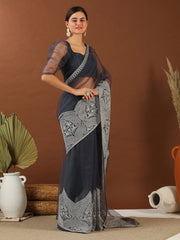 Grey Embroidered Net Saree