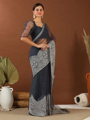 Grey Embroidered Net Saree