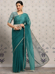 Green Embellished Mukaish Organza Saree