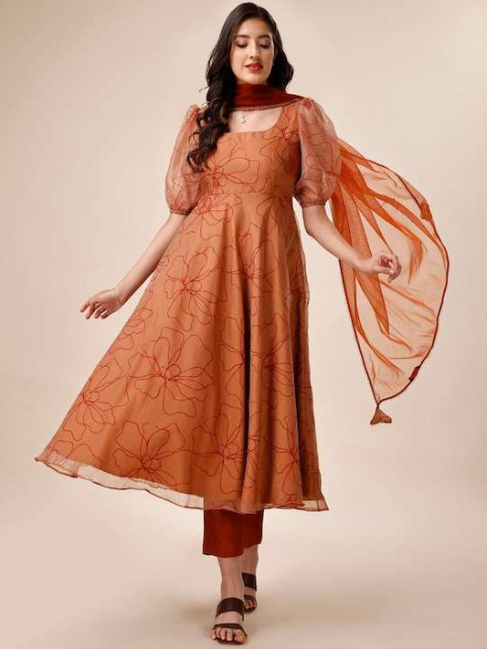 Floral Printed Puff Sleeves Regular Kurta with Trousers & Dupatta