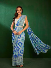 Blue Ikat Printed Saree With Embellished Belt