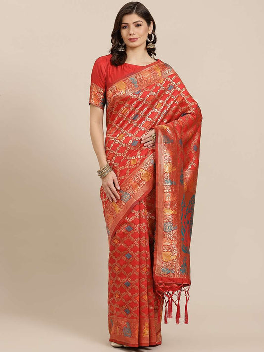 Red & Golden Woven Design Zari Silk Blend Saree