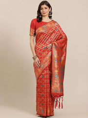 Red & Golden Woven Design Zari Silk Blend Saree