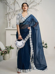 Amyra Dastur Navy Blue Embroidered Woven Design Organza Saree