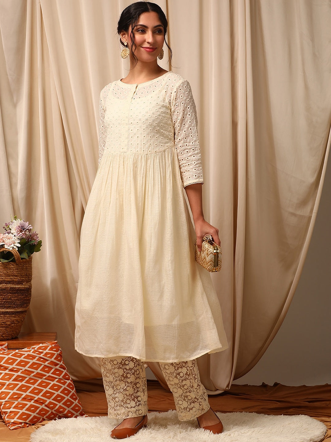 Off White Women Gotta Patti Anarkali Kurta Inddus