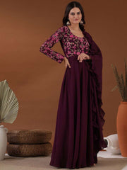 Women Burgundy Ethnic Motifs Embroidered Flared Sleeves Thread Work Georgette Anarkali Kurta